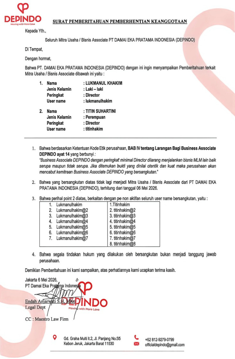 SURAT PEMBERITAHUAN PEMBERHENTIAN KEANGGOTAN