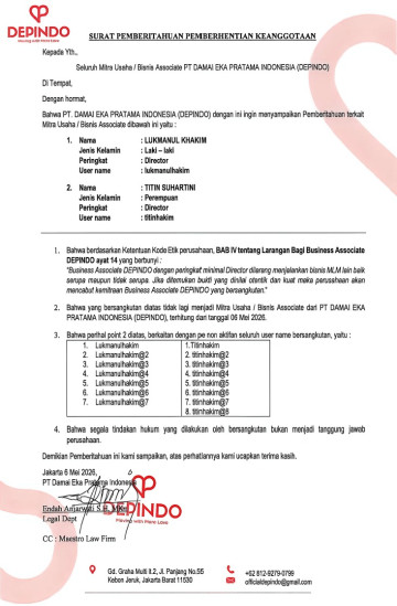 DEPINDO SURAT PEMBERITAHUAN PEMBERHENTIAN KEANGGOTAN
